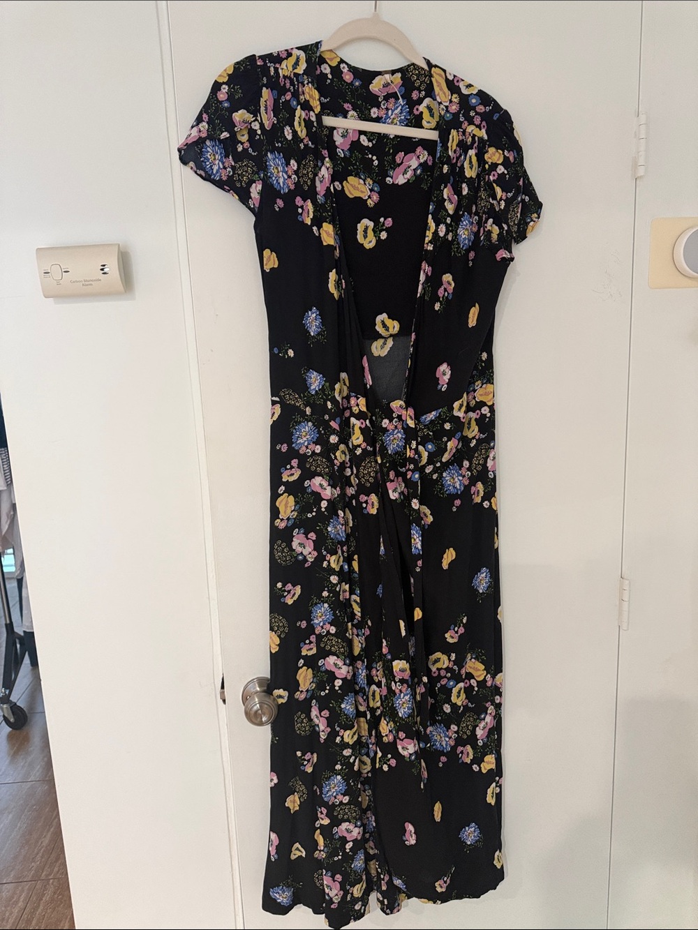 Free People Black Floral Wrap Maxi Dress with Pink and Yellow Blooms